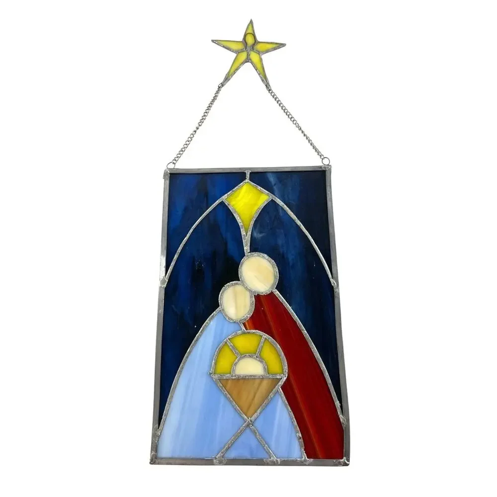 Vintage Stained Glass Nativity Suncatcher Holy Family Jesus Bethlehem Star 19”